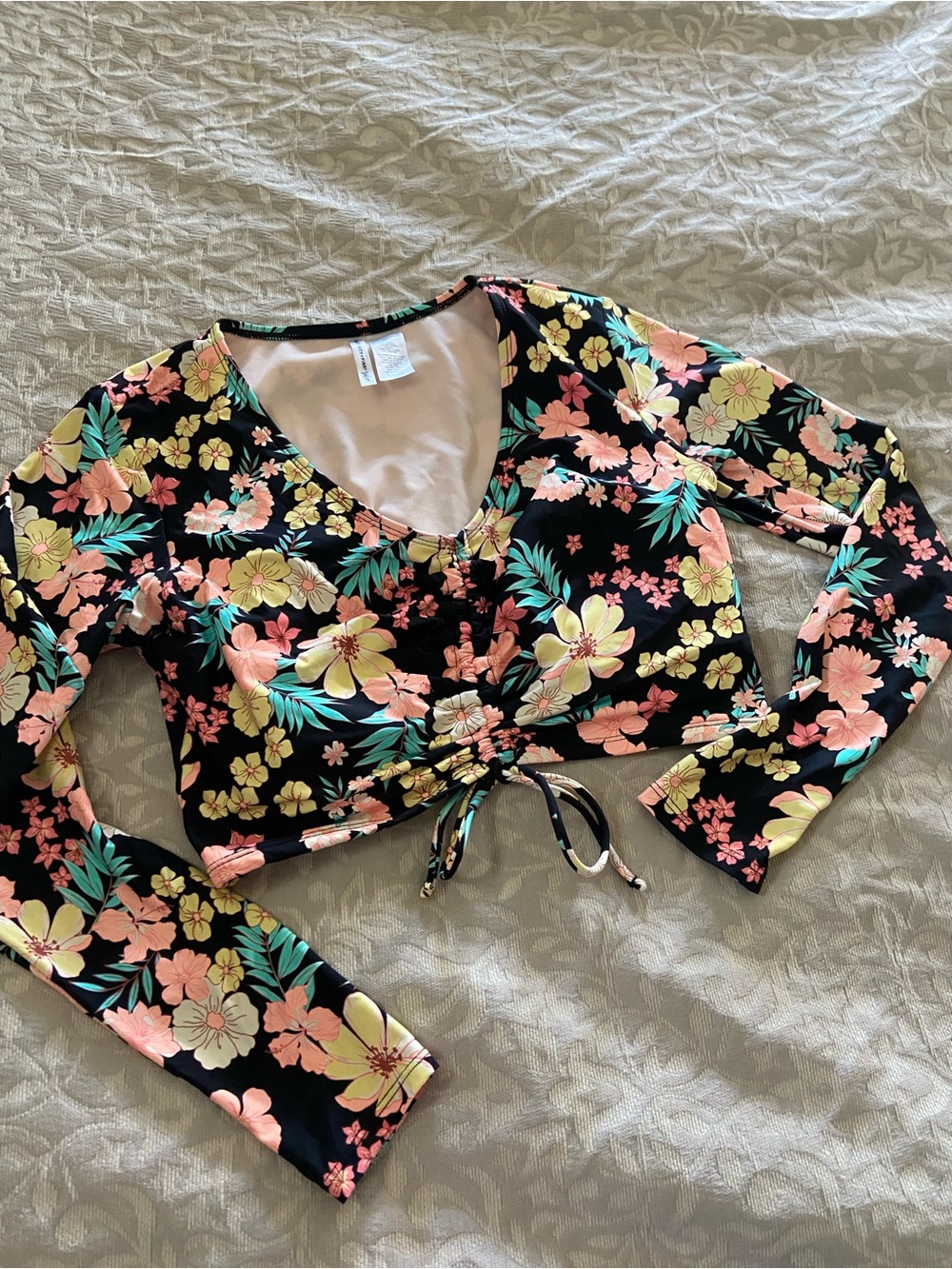 Celebrity Pink Black Floral Long Sleeve Drawstring Swim Top